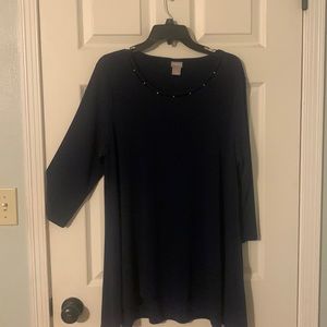 Chico’s navy tunic with beadwork at neckline.